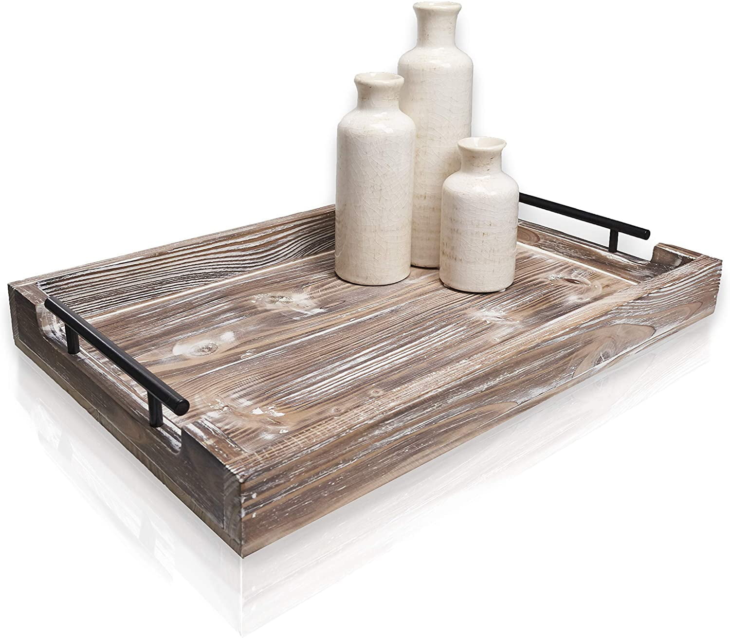 White Decorative Large Rustic Wooden Tray 19.5” Great for Kitchen Black Sleek Metal Handles Breakfast in Bed Farmhouse Home Décor Bathtub Accessory Dinning Centerpiece Wine Serving Coffee 