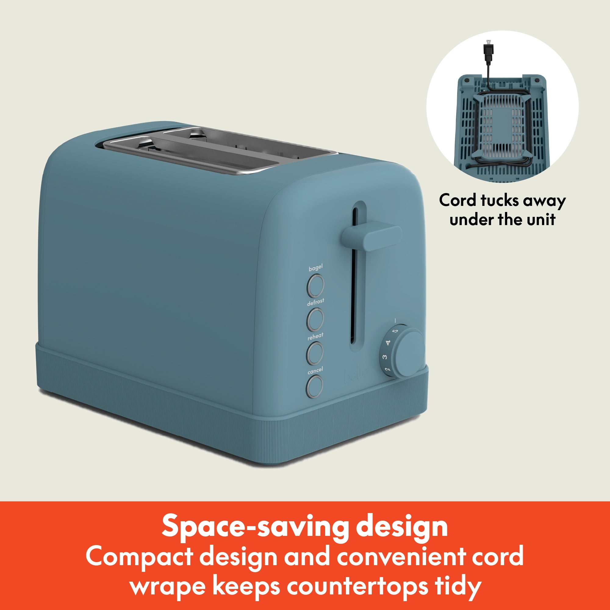 bella 2-Slice Toaster, 6 Setting Shade Control with Reheat, Cancel, Bagel & Defrost Buttons, Removable Crumb Tray, Anti Jam & Auto Shutoff, Surf