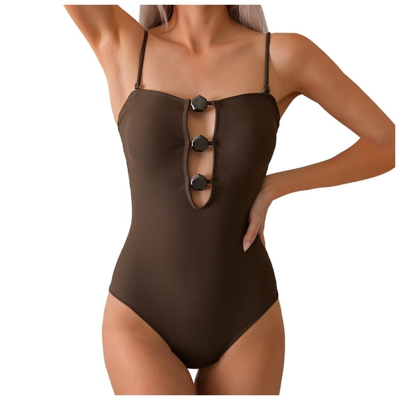 TTUHYWXI Sexy One Piece Swimsuit for Women Square Neck Bathing Suit Beach Cutout Swim Suits Spaghetti Straps Swimwear (Brown, L)