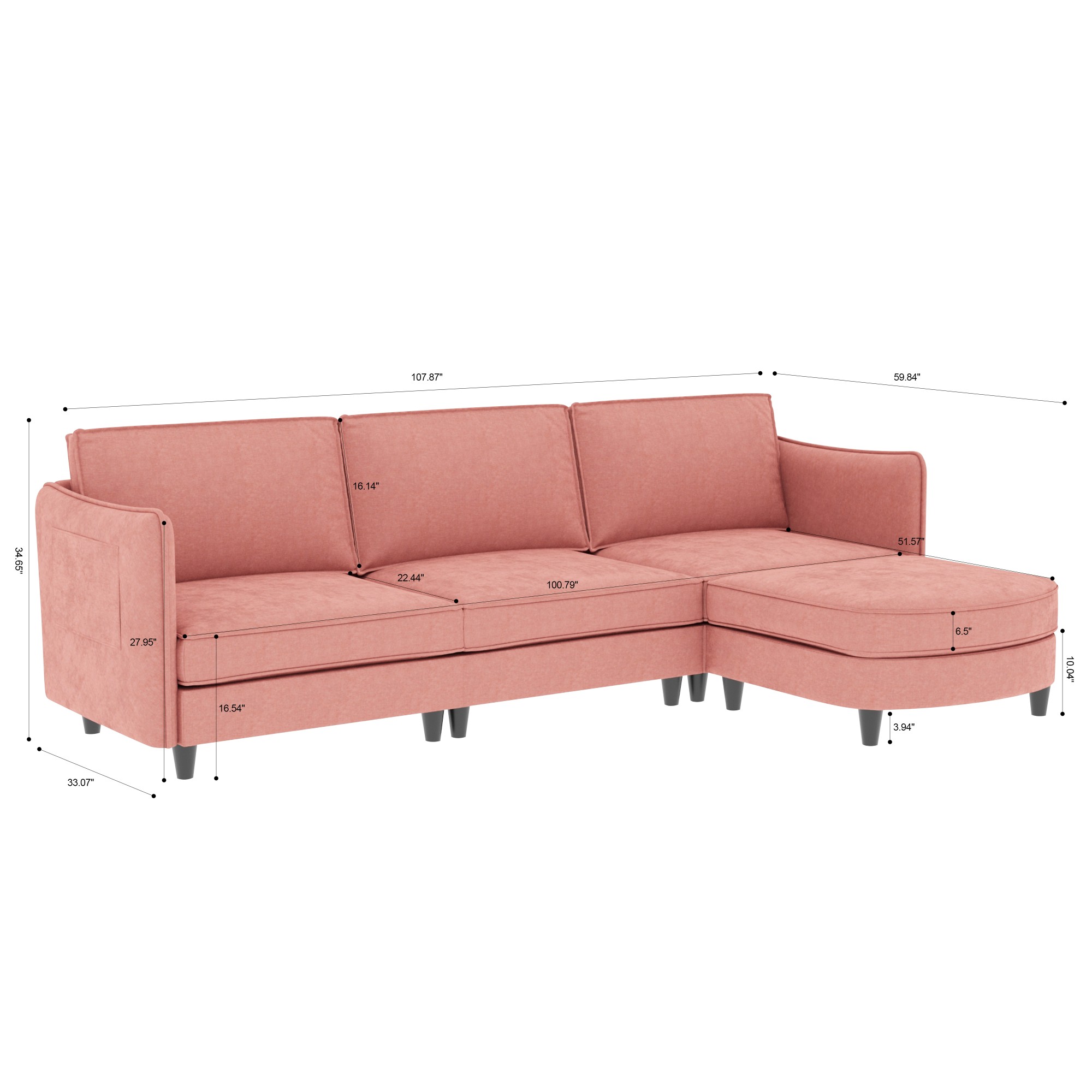 108" L-Shaped Sectional Sofa Couch, Modern Fabric 3 Seat Sofa Couch with Movable Ottoman&Pockets for Living Room, Apartment,Red