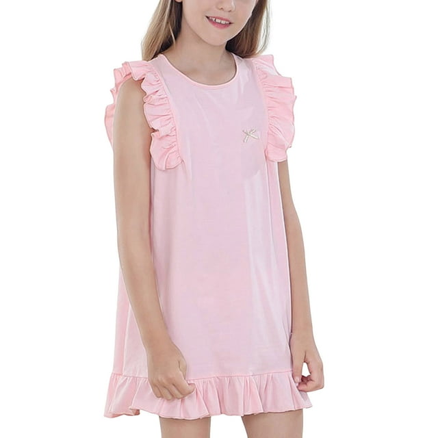 RXIRUCGD 2025 Vêtements d'Été pour Enfants Robe d'Été Unie Fine avec Volants Sans Manches Col Rond pour Enfants