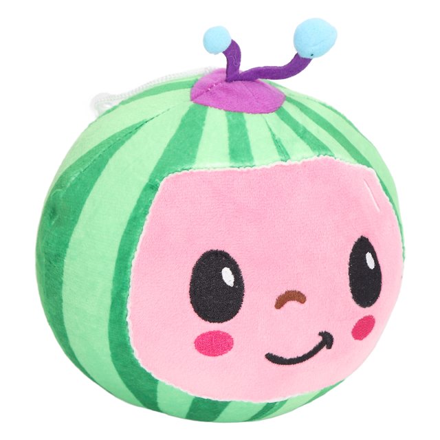 juguete de peluche de sandía colorido, peluche de sandía tipo bola en felpa con franjas verdes oscuras, cara frontal rosa bordada con ojos negros y mejillas sonrosadas, detalle superior morado con dos antenas azules; peluche suave que suele usarse como elemento decorativo o juguete para niños.
