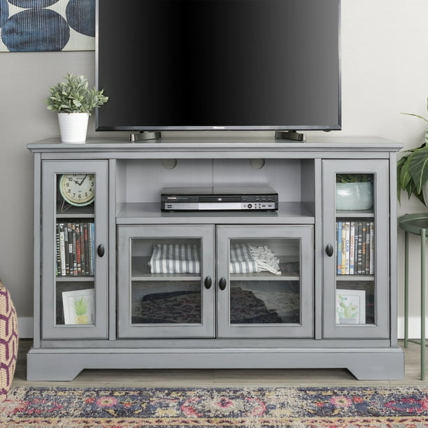 Manor Park Transitional Highboy Glass Door Wood TV Stand, Antique Grey