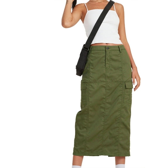 Qiylii Cargo Skirt for Women with Pockets Vintage Low Rise Drawstring Long Pleated Skirt Asymmetrical Split Midi Skirt Streetwear