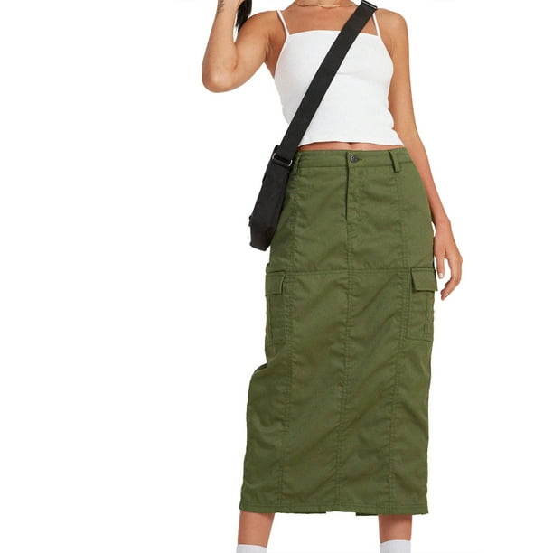 Qiylii Cargo Skirt for Women with Pockets Vintage Low Rise Drawstring ...