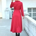thumbnail image 4 of safuny Midi Dress with Pocket for Women Solid Color Long Sleeve Lapel Neck Dress Button Elegant Leisure Retro Holiday Beach Trendy Clothing Summer Red, 4 of 8