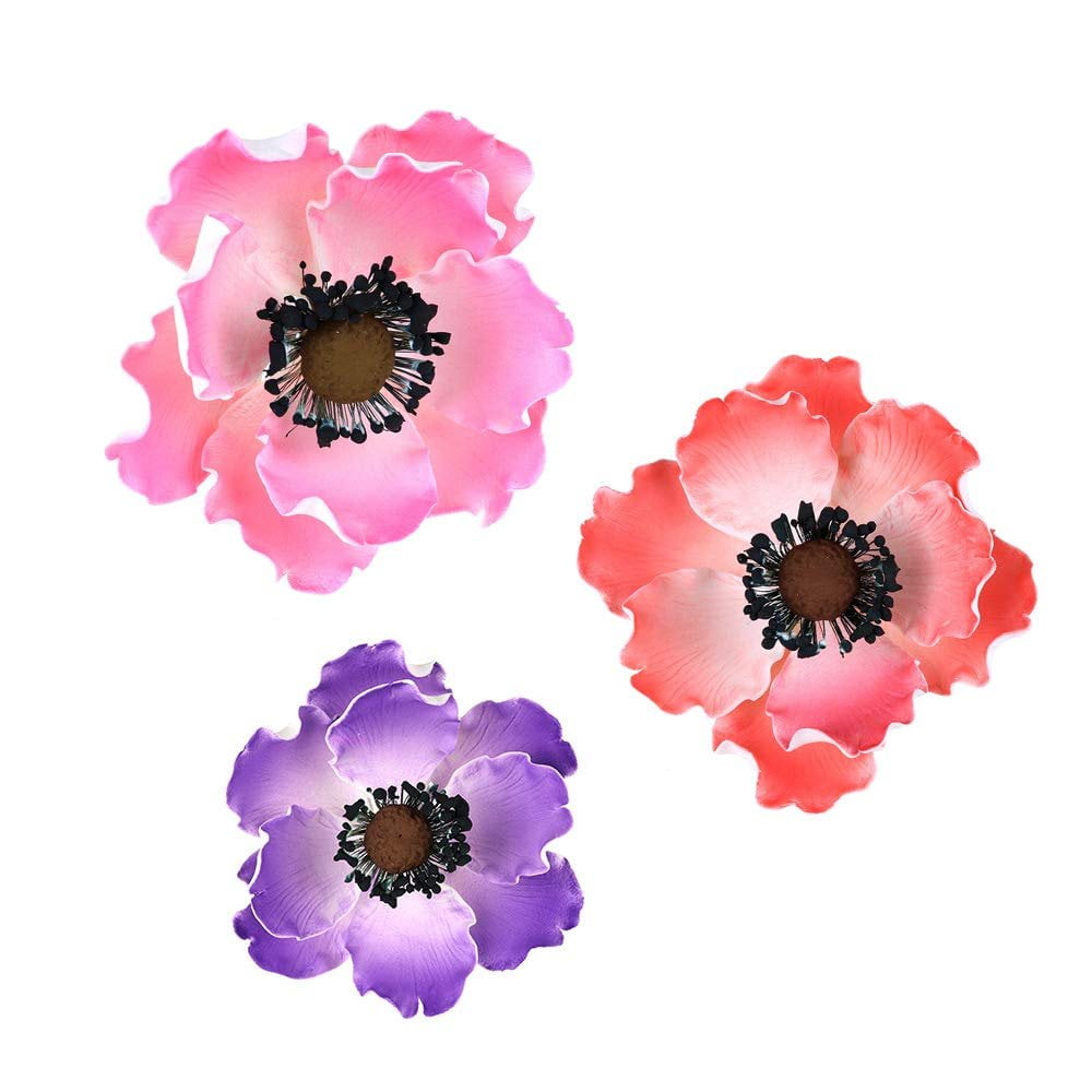 O'Creme Anemone Gumpaste Flower 4 Inch 1 Peach, 1 Pink and 1 Purple