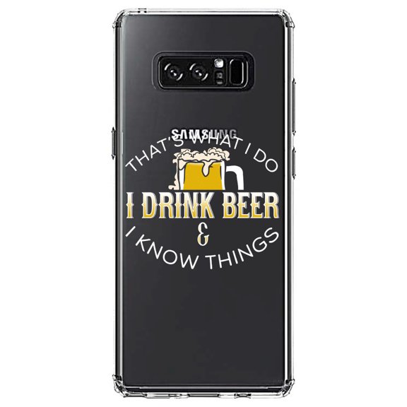 DistinctInk Clear Shockproof Hybrid Case for Samsung Galaxy Note 8 - TPU Bumper Acrylic Back Tempered Glass Screen Protector - I Drink Beer & I Know Things