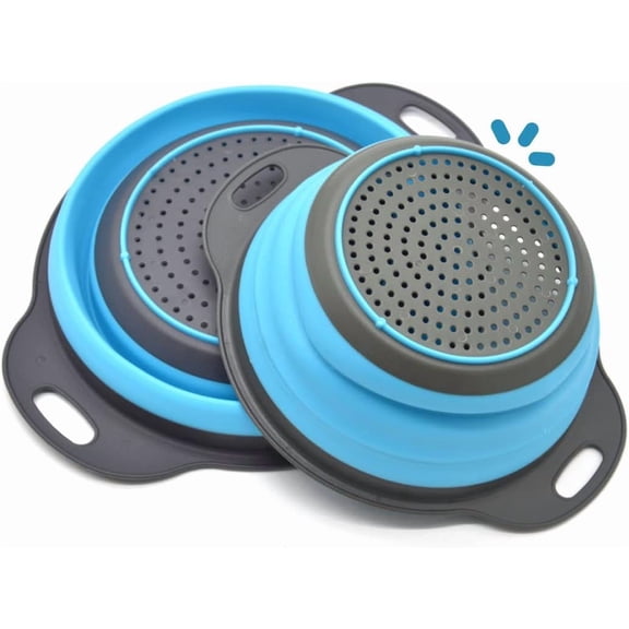 Coolnessa Collapsible Silicone Colander and Kitchen Strainer with Handles, Set of 2, Blue
