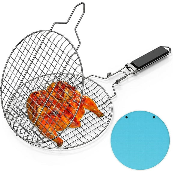 Round Portable BBQ Grill Basket, Stainless Steel Fish Grill Basket with Removable Secure Locking Handle, Grill Accessories for Outdoor Grill Vegetables Fishes Shrimp