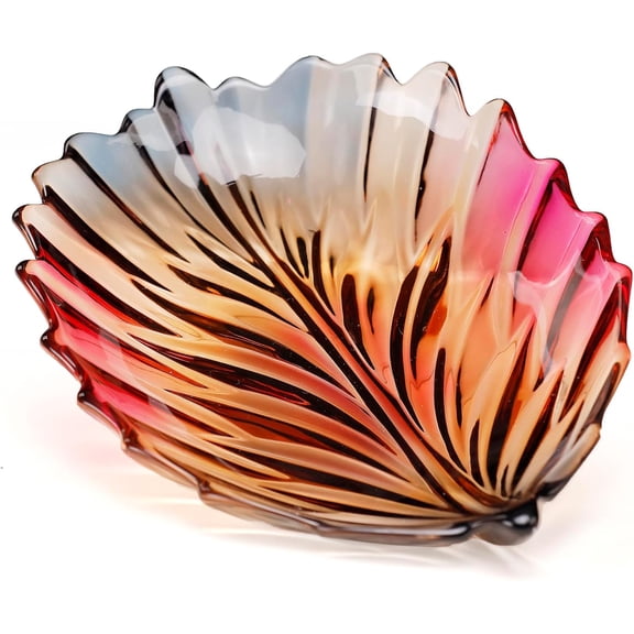 Creative Colorful Hand painted Crystal Glass Leaf-shaped Decorative Bowl -12.2 inch Diameter Fruit Display & Kitchen Table Centerpiece.