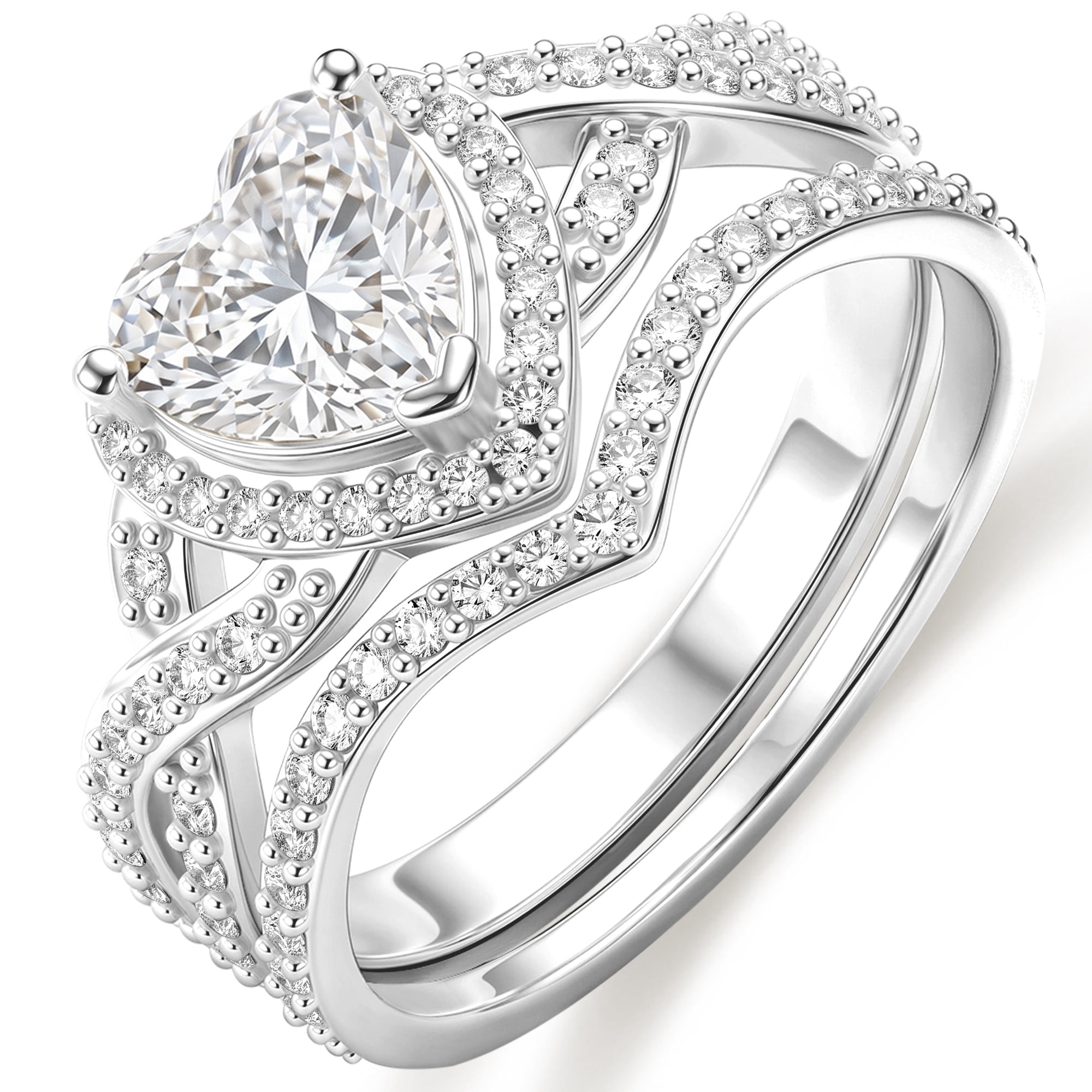 APSVO S925 Sterling Silver Plated Love Heart Wedding Rings for Women Stackable CZ Eternity Promise Band Engagement Rings Set Birthday Jewelry Gifts Adults Ideas