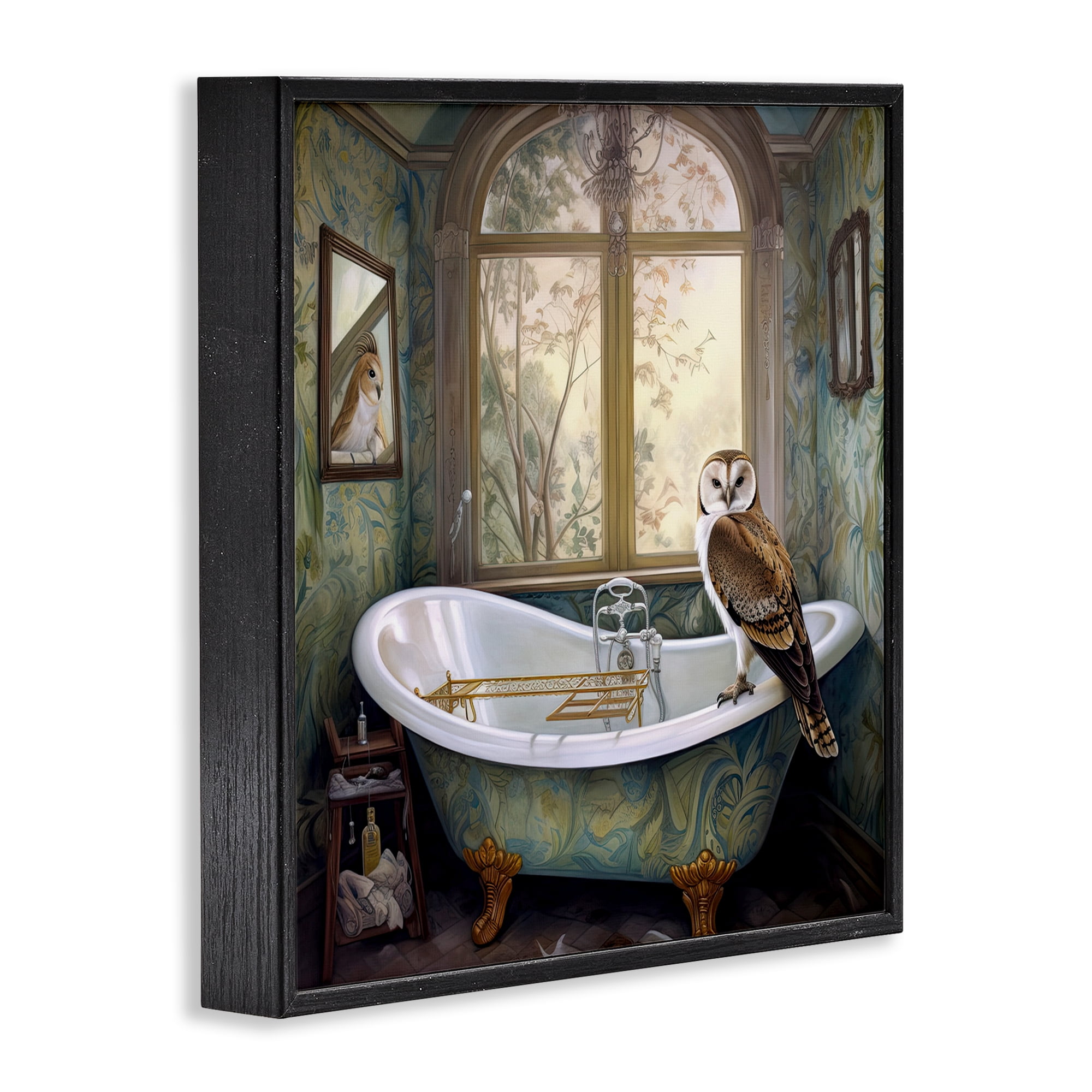 Paisley Patterned Owl Bathtime Black Framed Giclee Art, design by Sasha