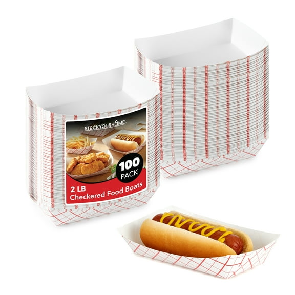 Paper Food Boats (100 Pack) Disposable Red and White Checkered Paper Food Trays - Eco Friendly Red Paper Food Trays 2 Lb - Serving Boat for Concession Food and Condiments, Paper Food Tray 4.5" x 2.75"