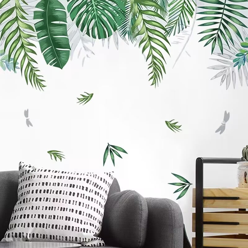 Green Tropical Palm Tree Leaves Wall Stickers, KALYLOC Waterproof Tropical Green Leaf Plants Wall Decal, Peel and Stick Nature Jungle Wall Decor for Living Room Bedroom Door Decoration