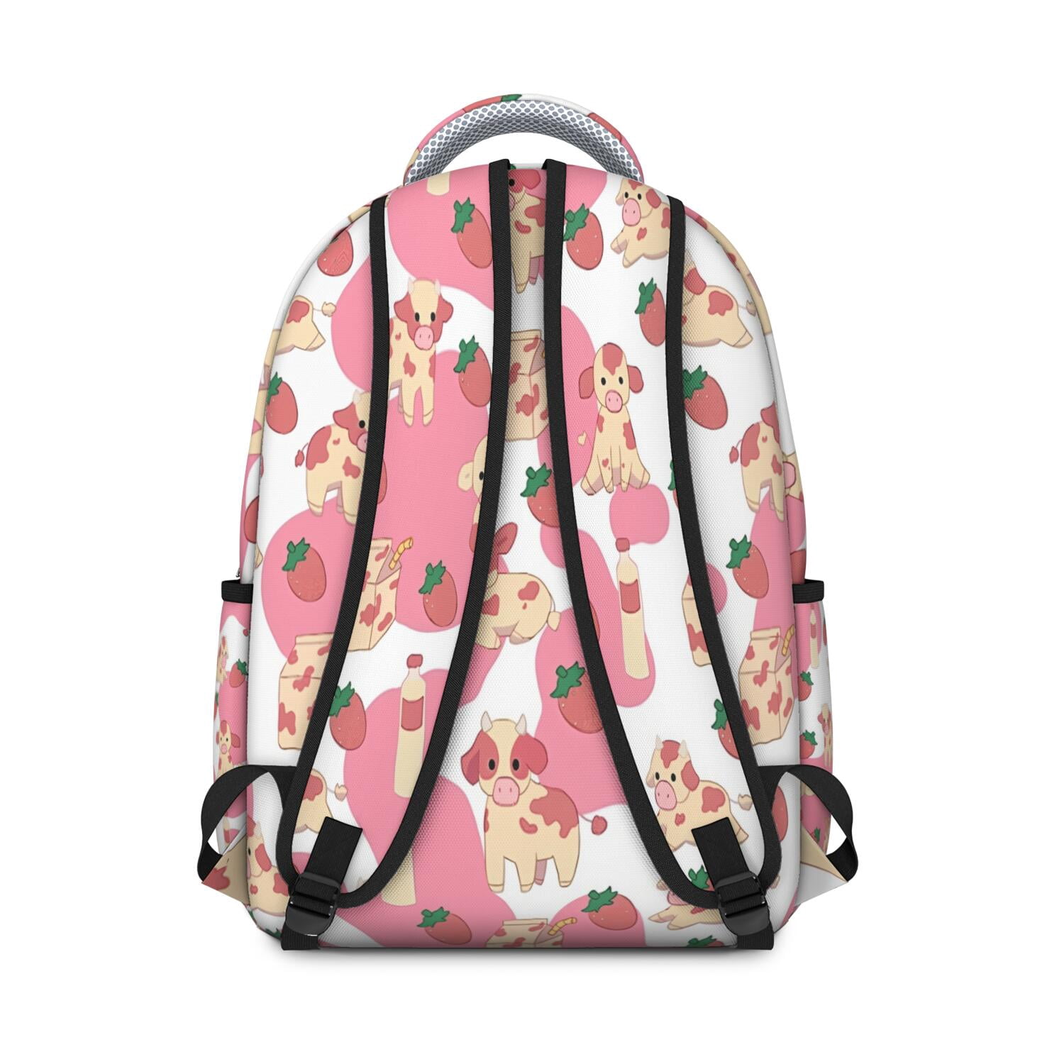 Pink Cow and Strawberry Print Backpack for School,Schoolbag with Adjustable Shoulder Straps & Padded Back,15.3"x11"x7.1".