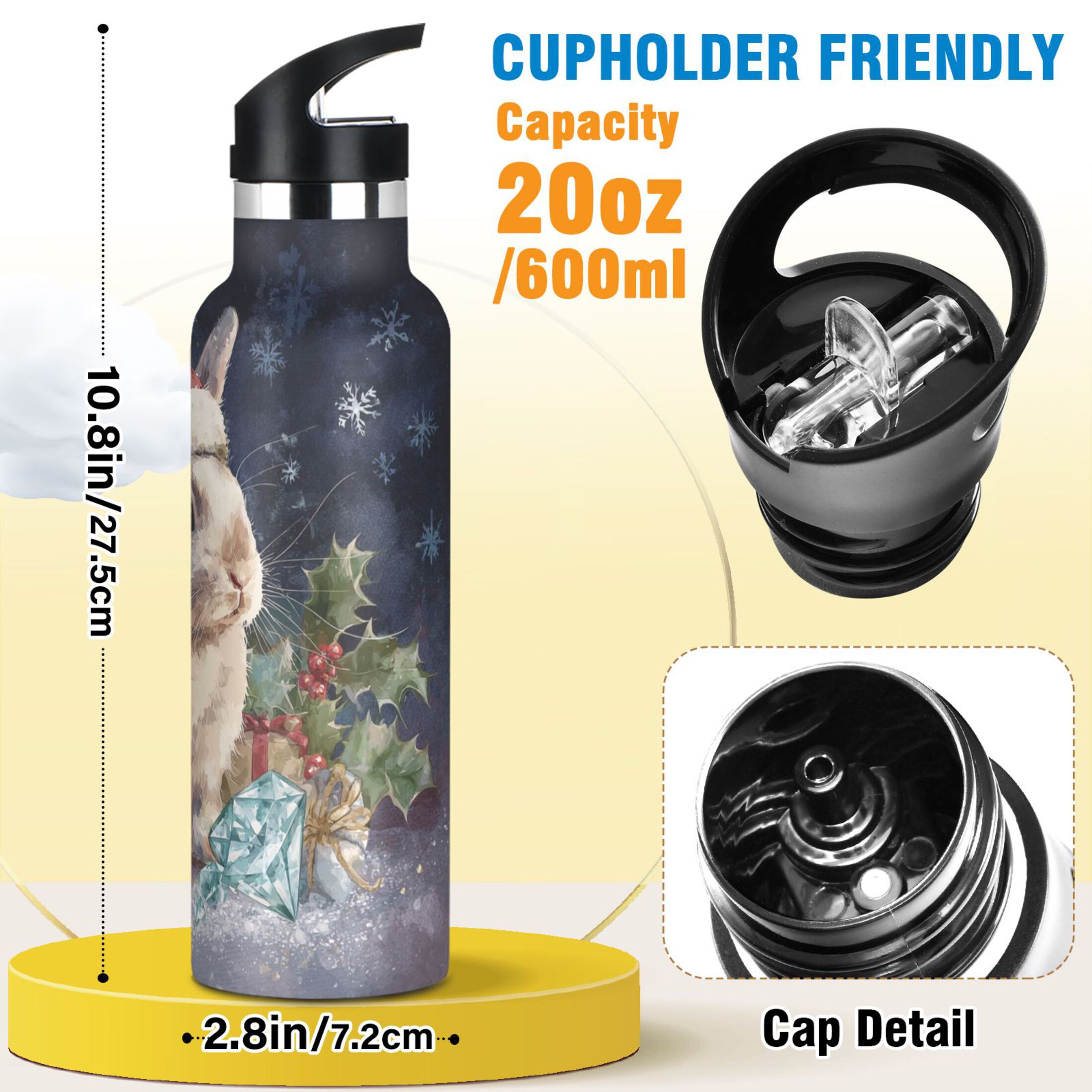 600ML Stainless Steel Insulated Cup Sports Water Bottle Portable Thermos Cup Water Glasses Insulated Tumblers Convenient and Durable Warm Christmas Rabbit Cartoon
