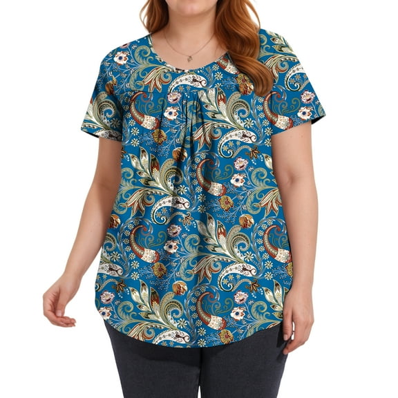 Womens Plus Size Summer Floral Tunic Tops Dressy Casual Blouses Short Sleeve T-Shirts for Leggings