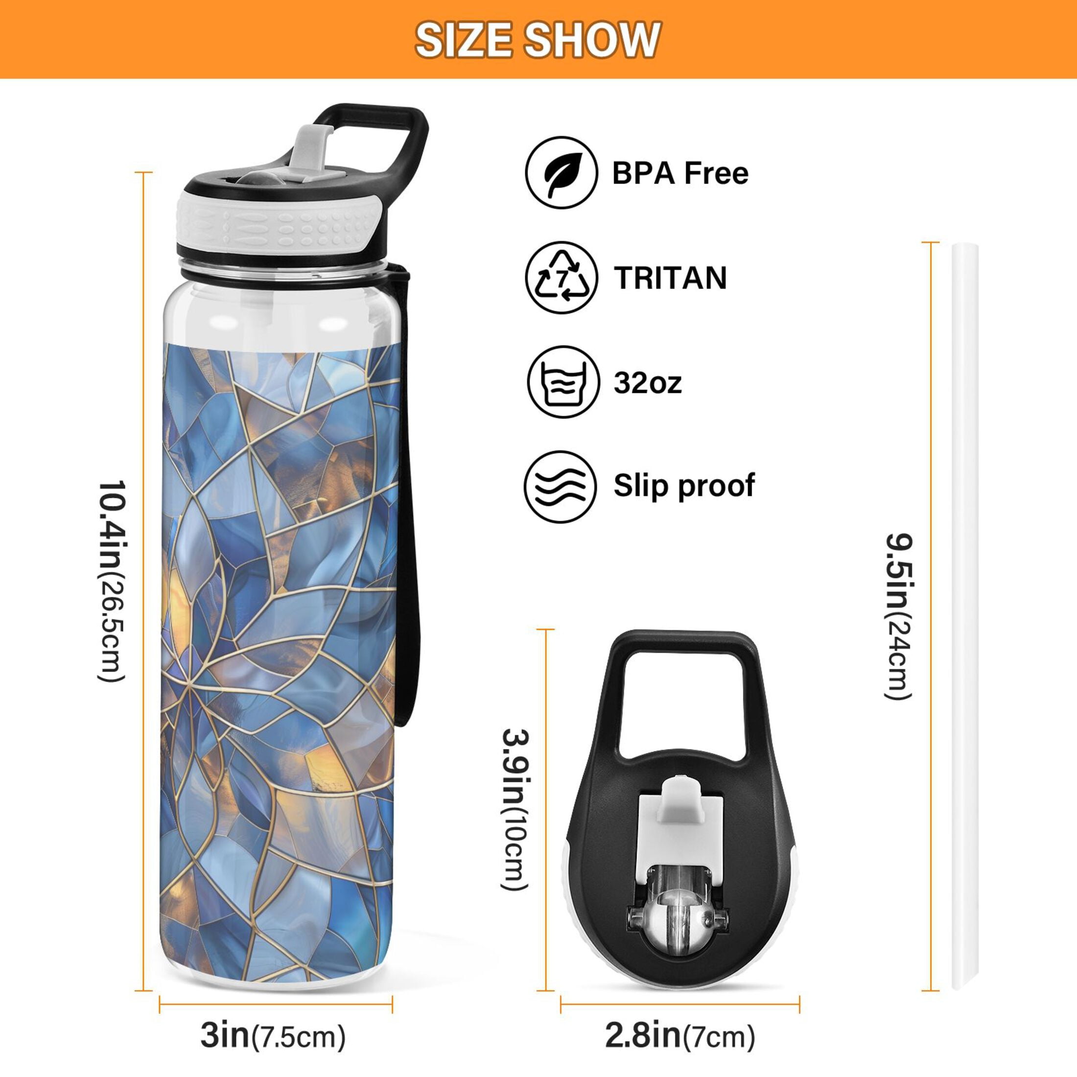 Stained Glass Sports Water Bottle 32oz with Straw for Kids Travel Mug BPA Free Leak Proof for School