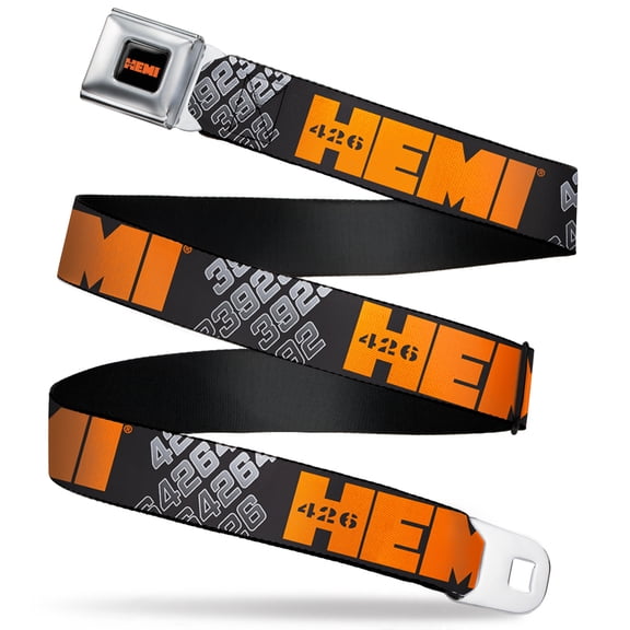 Hemi Belt, Seatbelt Buckle Belt, Hemi 426 Logo 392 426 Black Orange Silver Fade, 30 to 44 Inches