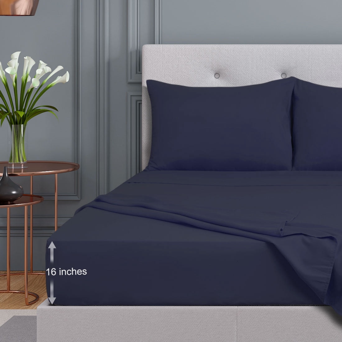 Unique Bargains 4 Piece Brushed Polyester Bed Sheets Set King Navy Blue
