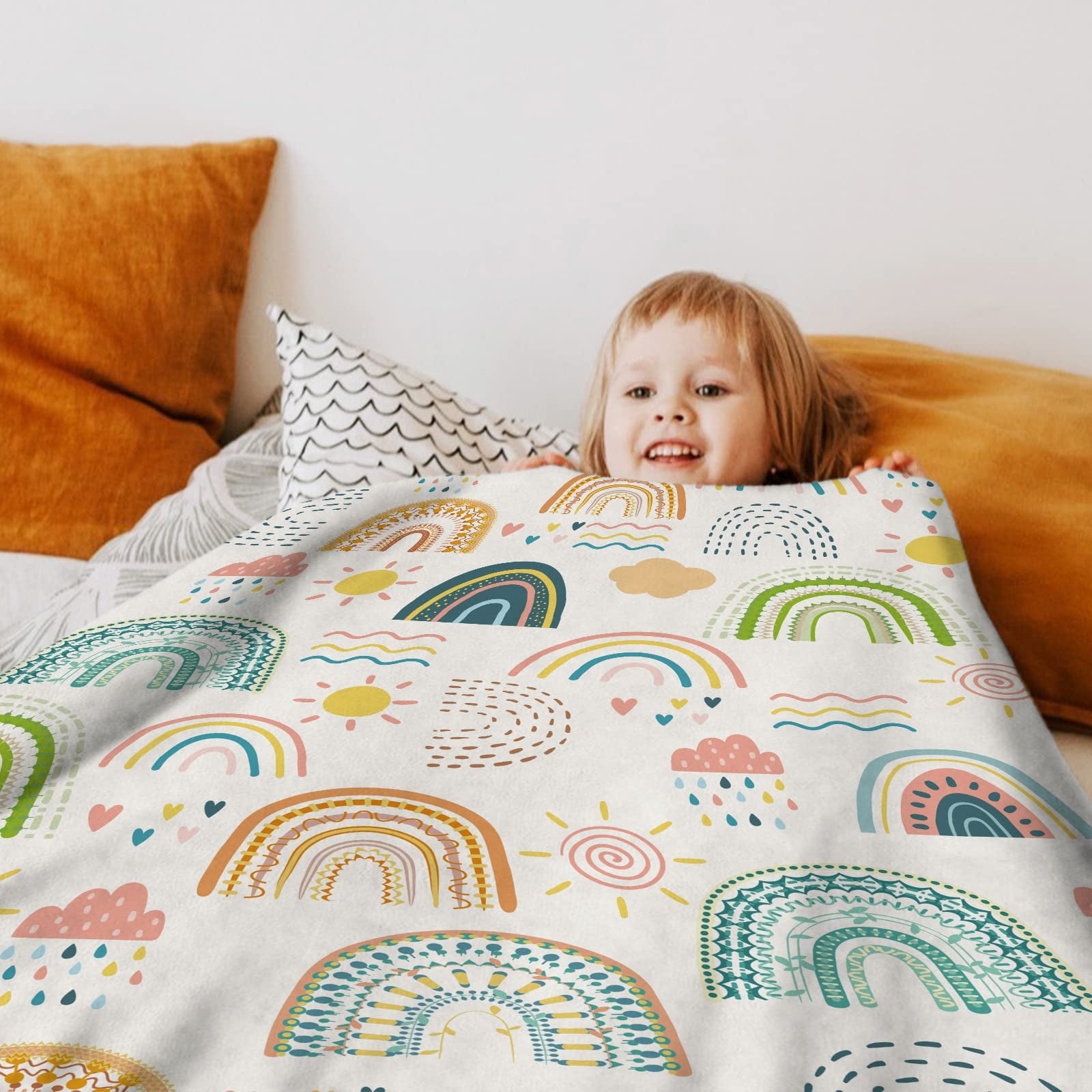 Kainsy Boho Rainbow Throw Blanket for Girls, Cozy Bohemian Rainbow Blanket, Soft Flannel Rainbow Blanket Kids, Fluffy Fleece Rainbow Blankets for Toddler Childs Daughter Gifts Sofa Couch Bed,(50"x60")