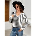 thumbnail image 3 of Womens Sweaters 2025 V Neck Long Sleeve Striped Tops Fall Winter Comfy Knit Clothes Pullover Sweater White & Black L, 3 of 7