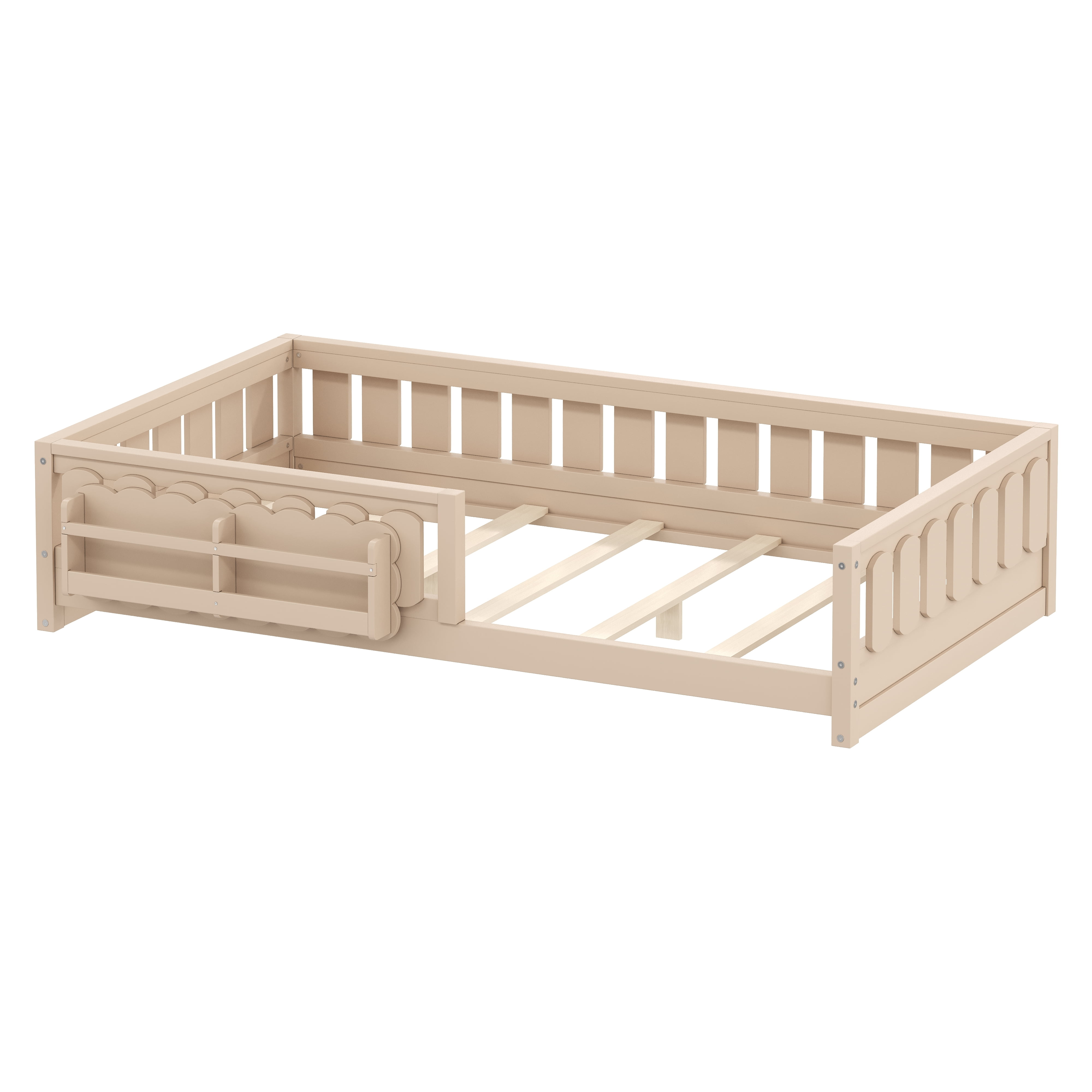 Euroco Wood Twin Size Platform Bed with Shelves, Floor Bed with Guardrails, Natural