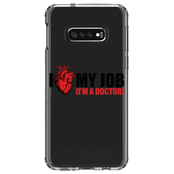 DistinctInk Clear Shockproof Hybrid Case for Samsung Galaxy S10e (5.8" Screen) - TPU Bumper Acrylic Back Tempered Glass Screen Protector - I Heart My Job - I'm A Doctor