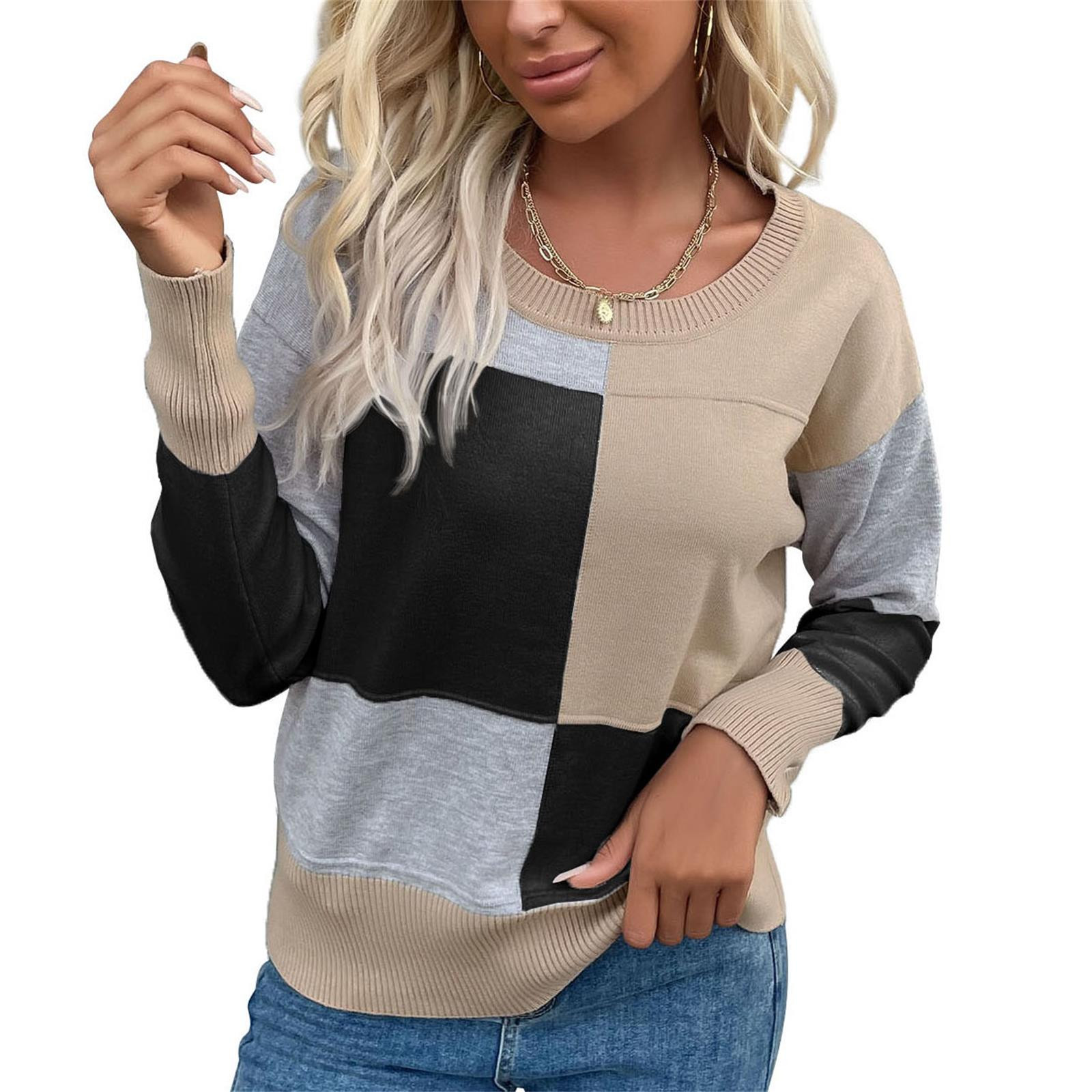 Women's Winter Tops O-Neck Stitching Long-Sleeved Pullover Plaid Sweater  Casual Sweater Black L - Walmart.com