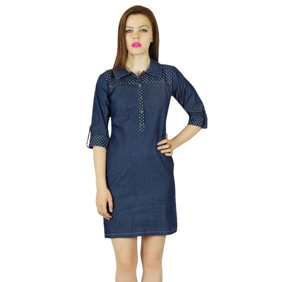 Bimba Women Short Blue Thin Soft Denim Mini Dress Classic Chic 3/4 Sleeve