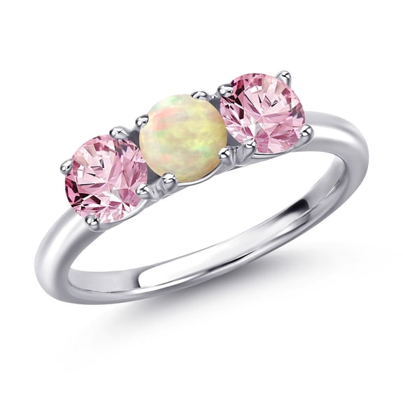 Gem Stone King 925 Sterling Silver White Ethiopian Opal and Pink Lab Grown Diamond Engagement Ring for Women | 1.30 Cttw | Round Cabochon 5MM | Gemstone October Birthstone | Size 7