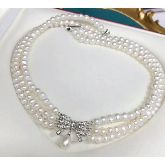 EOEMY 3 Strand 5-6mm White Freshwater Pearl Necklace 18"