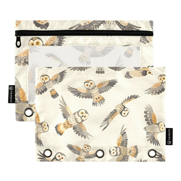 Cute Owl Flying 2 Pack Pencil Pouch for 3 Ring Binder Smooth Zipper Folders with Pockets Clear Window Pencil Case