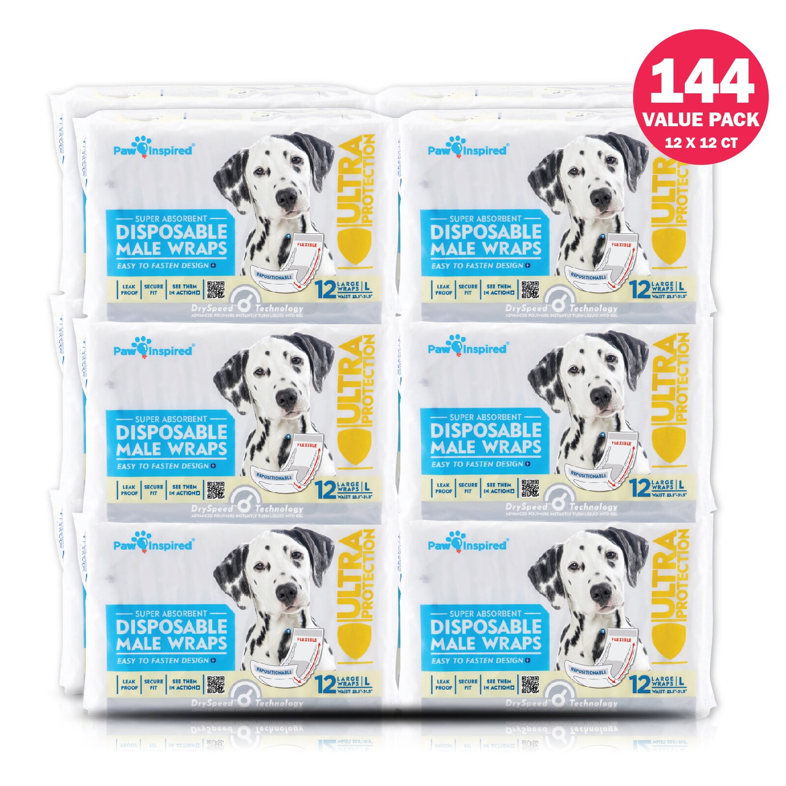 Paw Inspired 144ct Disposable Male Dog Wraps, Belly Band for Dogs