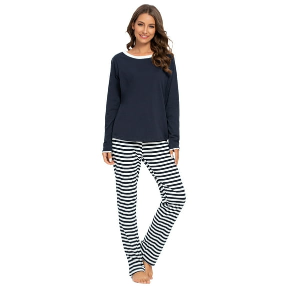 MintLimit Women's Pajamas Striped Long Sleeve V-neck Patchwork Shirt and Pants Lounge Sleepwear Pjs