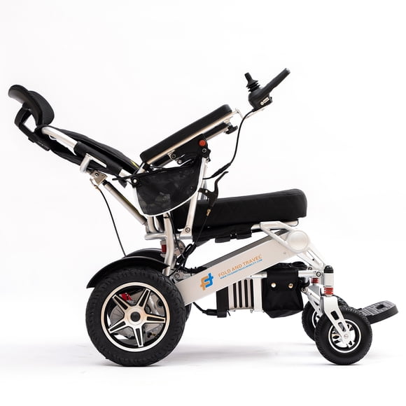 Fold And Travel Manual Recline Foldable Electric Wheelchair Travel Ready Portable Power Chair Travel Companion for Seniors and Adults ( Silver Frame)