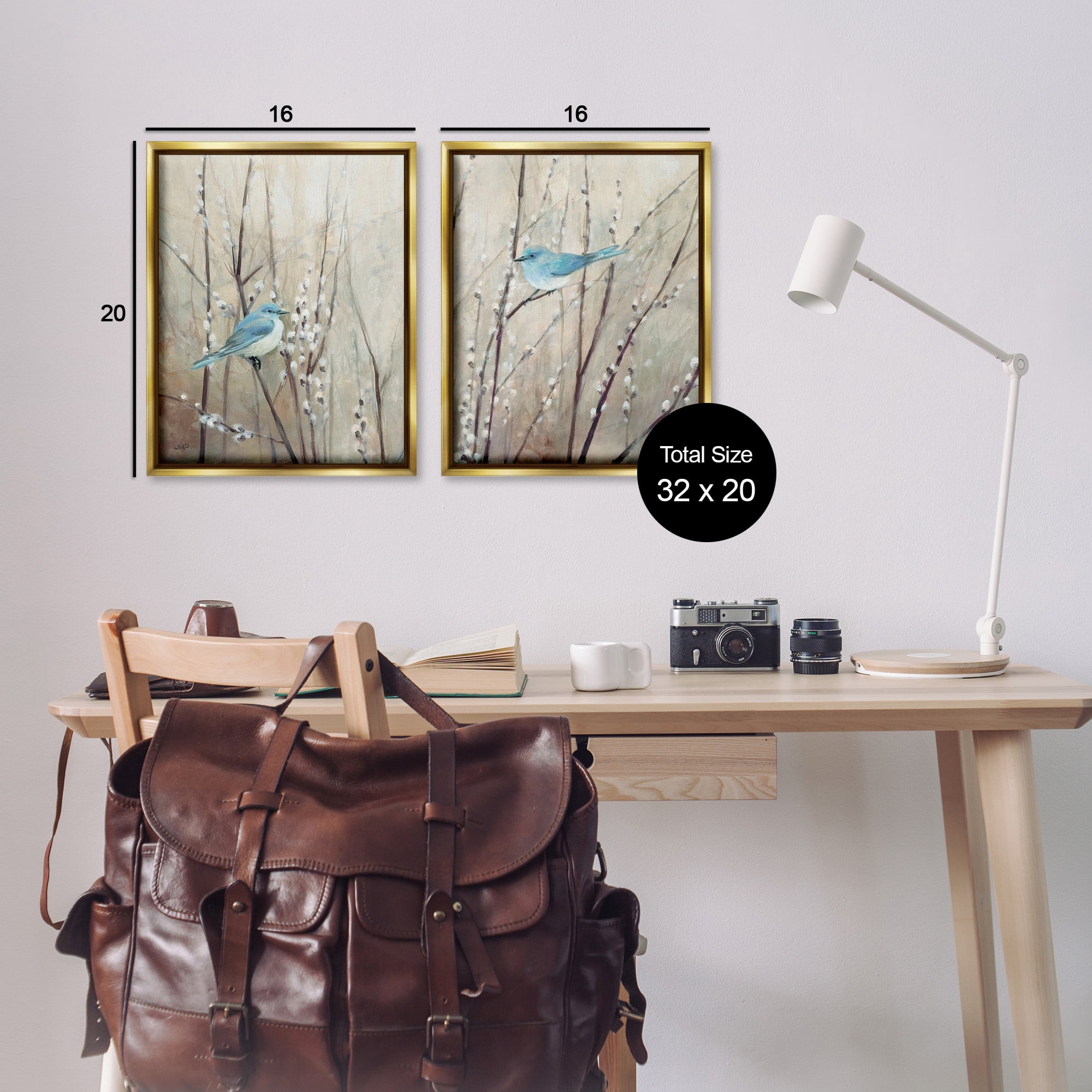 Stupell Industries Peaceful Perched Blue Birds Animals & Insects Painting Gold Floater Framed Canvas Art Print Wall Art, 17 x 21, Set of 2