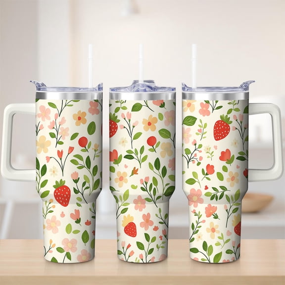 Floral Strawberry Stainless Steel Insulated Mug with Lid and Handle, 30oz