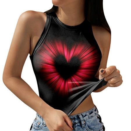 

Cathalem Fashion Tops Women Top Print Suspenders Camisole Women s Neck Round Love Women s Tanks & Corset Top with Sleeves Vest Red XX-Large