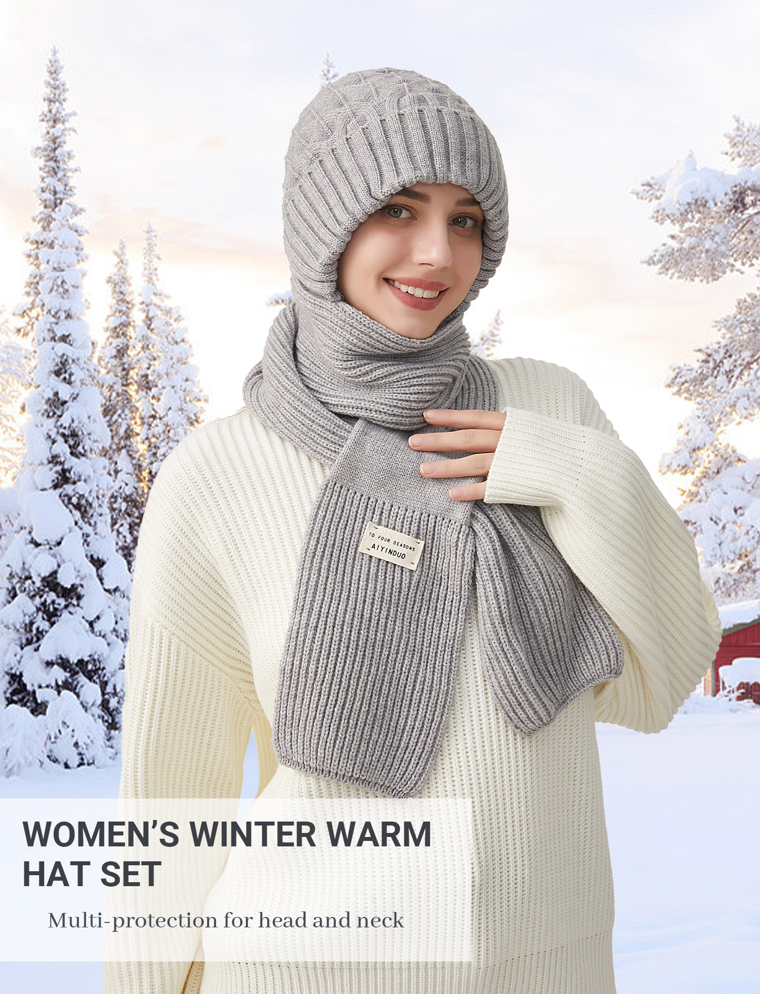 FEOYA Integrated Ear Protection Windproof Cap Scarf Women Fleece Balaclava One-Piece Hat Hood Scarf Beanie Warm Knitted Ski Scarf Hat Gray