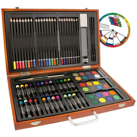 U.S. Art Supply 82-Piece Deluxe Artist Studio Creativity Set Wood Box Case - Art Painting, Sketching Drawing Set, 24 Watercolor Paint Colors, 24 Oil Pastels, 24 Colored Pencils, 2 Brushes, Starter Kit
