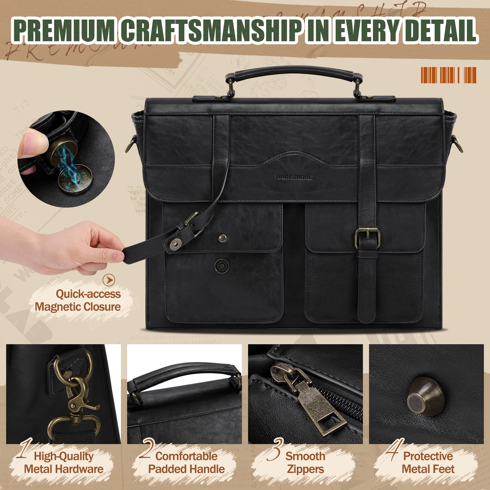 RAINSMORE Mens Messenger Bag 17 Inch Vintage Leather Laptop Briefcase Magnetic Closure Large Satchel Computer Shoulder Bag,Black
