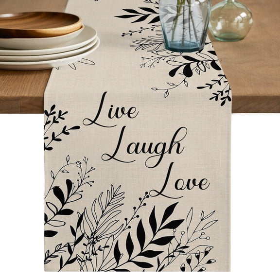 Table Runners 72 Inches Long Dress Scarves, Beige Black Botanical Farmhouse Kitchen/Dining Table Decor Table Runner, Coffee Tablerunners, Farmhouse Laugh Love Leaves 13x72 Inch