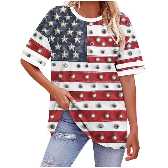 Yourumao Independence Day T Shirts for Women Short Sleeve Plus Size Tops with American Flag Printr T Casual Loose Fit for Patriotic Outdoor