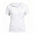 thumbnail image 4 of CAIVO Sweatshirts Women Short Sleeve Zip Up Hoodie Soft Comfort Adjustable Drawstring Front Pocket Solid Color Full Zip Hooded Jacket Summer Lightweight Casual Streetwear Outerwear Holiday Tops, 4 of 4