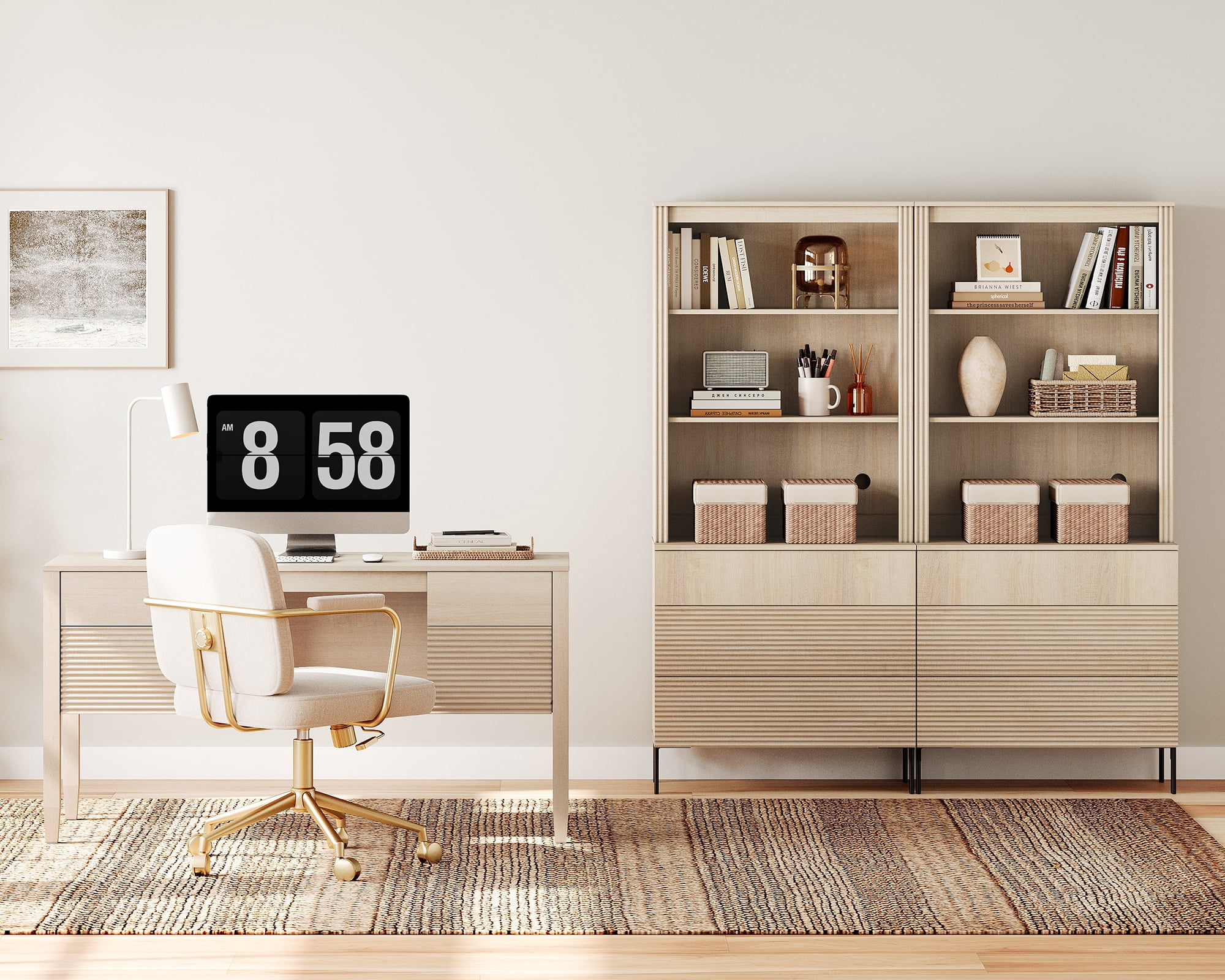 WAMPAT 3 Piece Home Office Furniture Set, 58" Writing Desk with 71.5" T Bookcase, Bookcase with 6 Drawers, Adjustable Shelves, Modern Fluted Wood Office Furniture for Home Office, Study Room, Bedroom