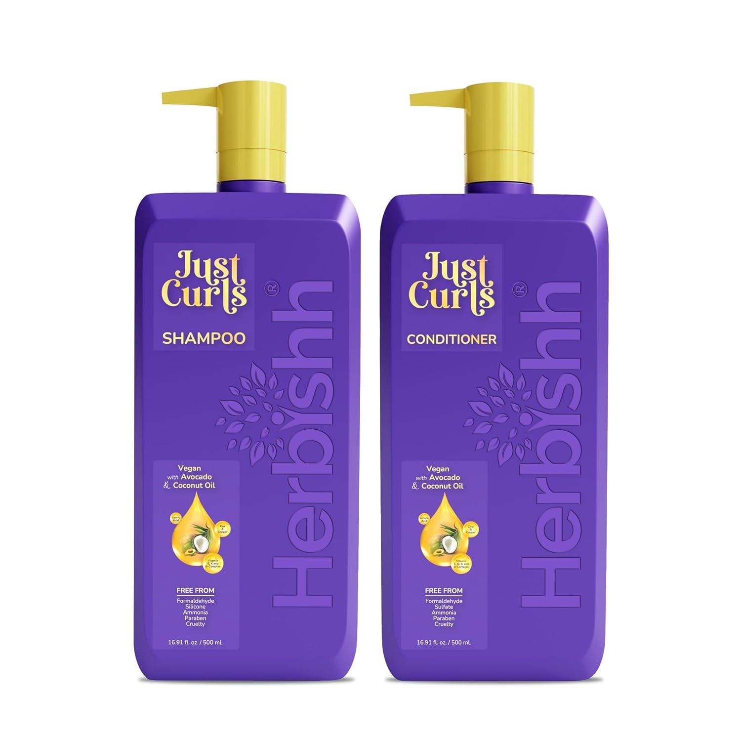 (2 pack) Herbishh Just Curls Coconut & Avocado Oil Infused Curly Hair Shampoo And Conditioner Set, Sulfate-free Vegan Kit For Curly Hair Care Women & Men Wavy, Curly Hair Products For Nourished Smooth Hair