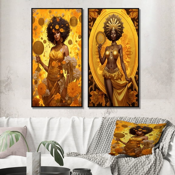 Designart "Orisha Oshun African Goddess with Mirror III" African American Woman Framed Wall Art Set Of 2 - Glam Gold Framed Wall Art Set Of 2