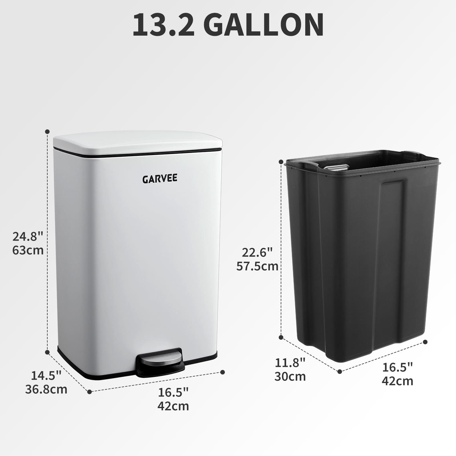 Garvee Kitchen Trash Can, 13 Gal / 50 L Stainless Steel Large Garbage Can with Quiet Soft-Close Lid, Step-on Kitchen Metal Trash Bin with Removable Inner Bucket for Living Room Office Garage,White